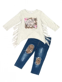 Sydney So Sweet Wild & Free Cheetah Fringe Denim Patch Girls Outfit
