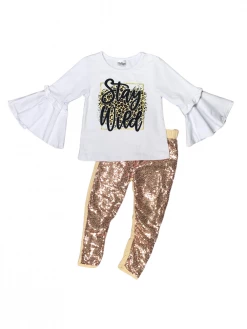 Sydney So Sweet Stay Wild Sassy Cheetah Gold Sequin Flare Girls Outfit 2 Piece Pants Outfits