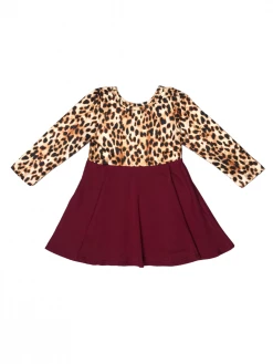 Sydney So Sweet Burgundy Brown Leopard Long Sleeve Girls Skater Dress Dresses & Skirt Sets