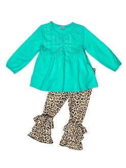 Sydney So Sweet Mint To Be Cheetah Ruffle Girls Leggings Outfit 2 Piece Pants Outfits