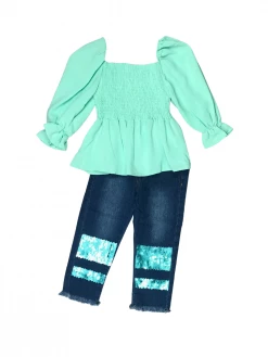 Sydney So Sweet Mint Green Smocked Puffed Sequin Denim Girls Outfit