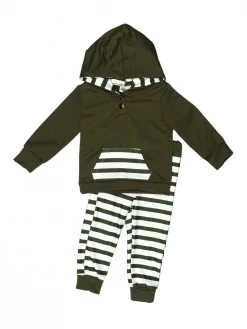 Sydney So Sweet Loungewear, Joggers, & PJ's Olive Green & White Stripe Pocket Cozy Boys Hooded Jogger Outfit