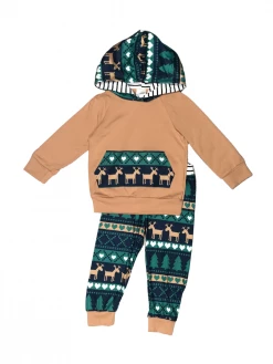 Sydney So Sweet Deer Pine Tree Teal & Brown Boys Hooded Jogger Outfit