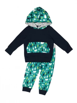 Sydney So Sweet Loungewear, Joggers, & PJ's Forest Friends Blue & Green Stripe Boys Hooded Jogger Outfit
