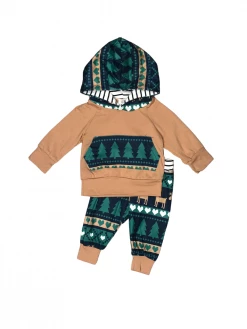 Sydney So Sweet Deer Pine Tree Teal & Brown Baby Boys Hooded Jogger Outfit Baby Boutique