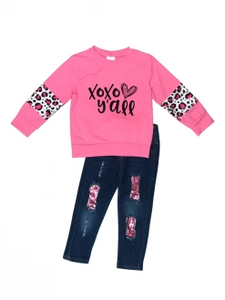 Sydney So Sweet XOXO Y'all Love Pink Leopard Sequin Denim Patch Girls Outfit