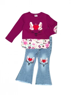 Sydney So Sweet Llama Love Heart Plum Flare Denim Girls Outfit