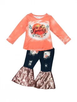 Sydney So Sweet Just Peachy Floral Denim Patch Girls Sequin Bell Bottom Outfit