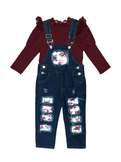 Sydney So Sweet Burgundy Vintage Rose Ruffle Girls Denim Patch Overall Set