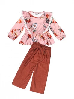 Sydney So Sweet Vintage Floral Ivy Pink & Rust Orange Wide Leg Corduroy Ruffle Girls Outfit