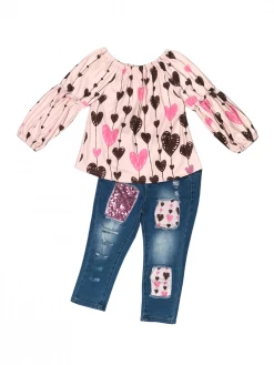 Sydney So Sweet Heart Breaker Sassy Sequin Pink & Brown Denim Patch Girls Outfit