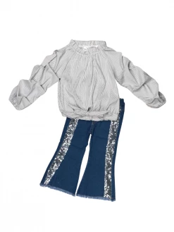 Sydney So Sweet Super Silver Stripe Ruffle Tie Knot Sequin Denim Flare Girls Outfit