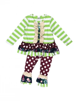 Sydney So Sweet Purple Polka Posies Green Stripe Lace Ruffle Girls Outfit 2 Piece Pants Outfits