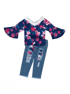 Sydney So Sweet Pink Promise Rose Floral Navy Lace Denim Patch Girls Outfit