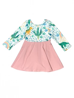 Sydney So Sweet Dresses & Skirt Sets Dinosaur Roaming Rainbows Pink Long Sleeve Girls Skater Dress