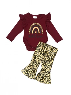 Sydney So Sweet Wild One Burgundy Boho Rainbow Cheetah Baby Girls Bell Bottom Set Baby Boutique