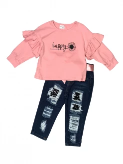 Sydney So Sweet Happy Sunflower Dusty Rose Sequin Denim Patch Ruffle Girls Outfit