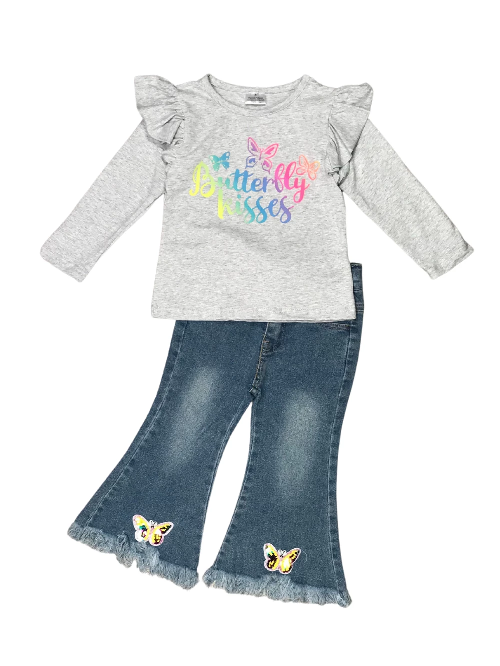 Sydney So Sweet Rainbow Butterfly Kisses Glitter Sequin Ruffle Flare Denim Girls Outfit 2 Sydney So Sweet Rainbow Butterfly Kisses Glitter Sequin Ruffle Flare Denim Girls Outfit