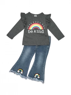 Sydney So Sweet Always Be Kind Rainbow Gray Ruffle Flare Denim Girls Outfit