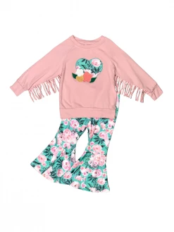 Sydney So Sweet Heart Of Floral Pink & Blue Fringe Bell Bottom Girls Outfit 2 Piece Pants Outfits