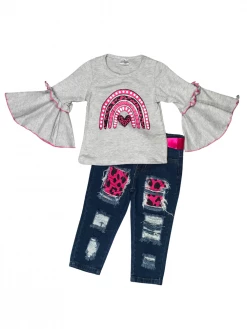 Sydney So Sweet Crazy Love Pink Leopard Rainbow Heart Denim Patch Girls Outfit