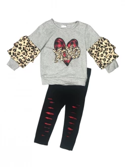 Sydney So Sweet XOXO Cheetah Girl Buffalo Plaid Ruffle Girls Valentine's Day Outfit 2 Piece Pants Outfits