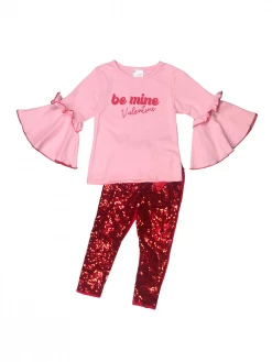Sydney So Sweet Be Mine Valentine Pink Sequin Girls Valentine's Day Outfit 2 Piece Pants Outfits