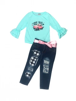 Sydney So Sweet Love Bug Pink Buggie Plaid Denim Patch Girls Outfit