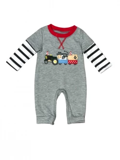Sydney So Sweet Around The Farm Tractor Gray Stripe Long Sleeve Baby Boys Romper Baby Boutique