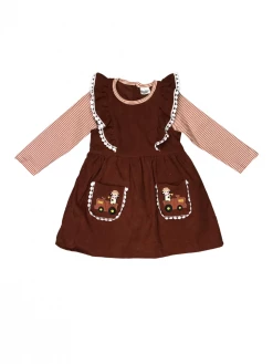Sydney So Sweet Cow Goes Moo Brown Tractor Corduroy Stripe Pom Flare Girls Dress Dresses & Skirt Sets