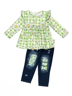 Sydney So Sweet Sunflower Picnic Green Gingham Denim Patch Girls Outfit