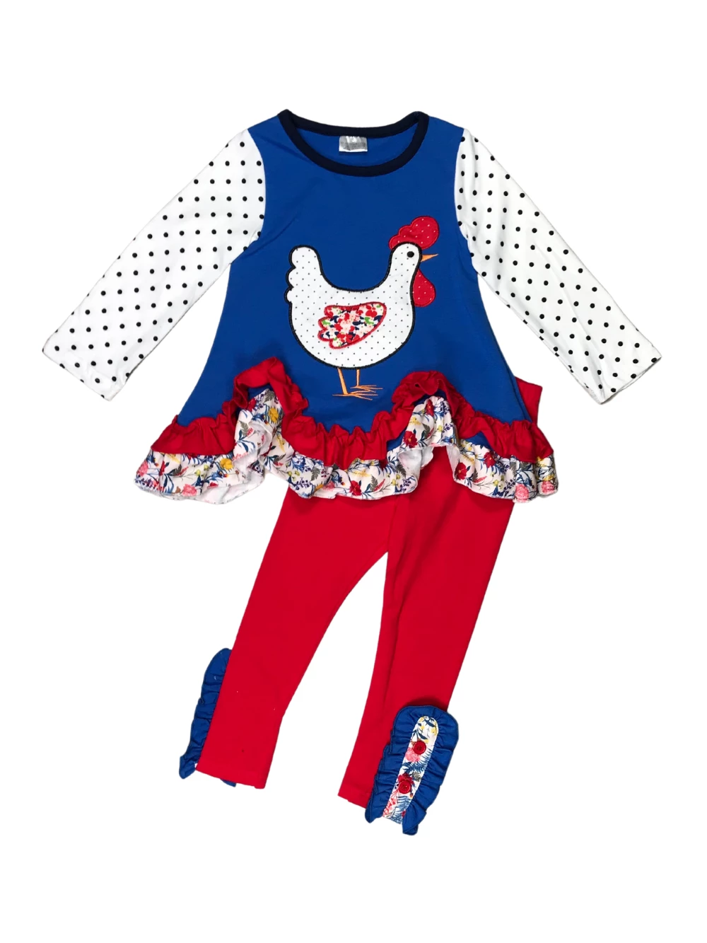Sydney So Sweet Rooster Red & Blue Floral Polka Dot Ruffle Girls Outfit 2 Piece Pants Outfits 2 Sydney So Sweet Rooster Red & Blue Floral Polka Dot Ruffle Girls Outfit 2 Piece Pants Outfits