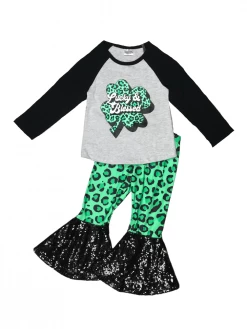 Sydney So Sweet Sassie Little Lassie Leopard Shamrock Sequin Bell Bottom Girls Outfit St. Patrick's Day