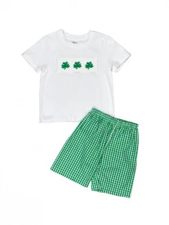 Sydney So Sweet Lucky Dude Shamrock Green Gingham Boys St. Patrick's Day Outfit Shorts & Capri Outfits