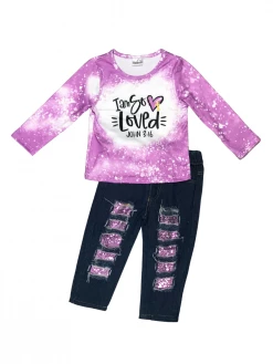 Sydney So Sweet Purple I Am So Loved Acid Wash Sequin Denim Patch Girls Outfit