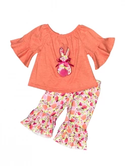 Sydney So Sweet Coral Floral Bunny Tail Ruffle Girls Easter Capri Outfit Shorts & Capri Outfits
