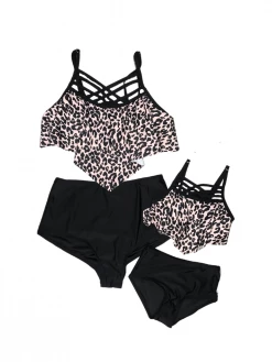 Sydney So Sweet Mommy & Me & Family Swim Mommy And Me Swimsuits - Black Leopard Criss Cross Flounce Two Piece Bikini