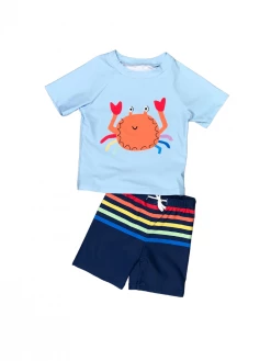 Sydney So Sweet Feelin' Crabby Rainbow Stripe Boys Swim Top And Trunks Set