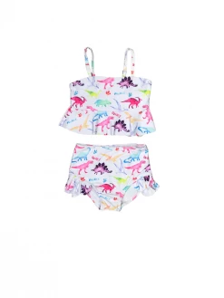 Sydney So Sweet Roaring Rainbow Dinosaurs Ruffle High Waisted Two Piece Girls Swimsuit