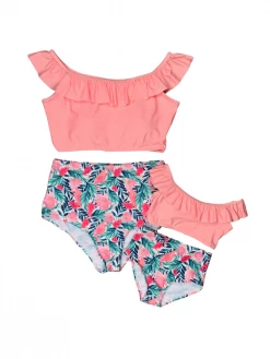 Sydney So Sweet Mommy And Me Swimsuits - Tropical Peach Ruffle High Waisted Two Piece Bikini
