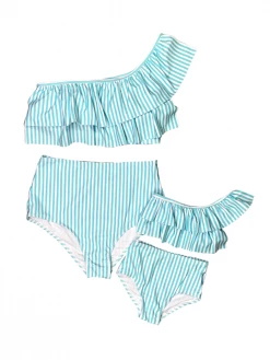 Sydney So Sweet Mommy & Me & Family Swim Mommy And Me Swimsuits - Blue & White Stripe Ruffle One Shoulder Two Piece Bikini