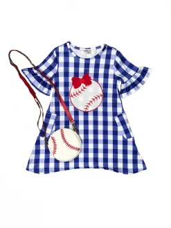 Sydney So Sweet Grand Slam Gingham Blue Baseball Girls Dress & Purse Set New Arrivals