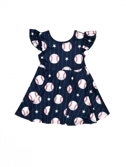Sydney So Sweet Play Ball Navy Baseball Flutter Sleeve Girls Summer Dress