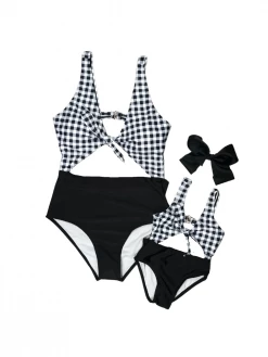 Sydney So Sweet Mommy And Me Swimsuits - Black & White Gingham Cutout Matching One Piece Mommy & Me & Family Swim