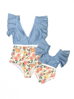 Sydney So Sweet Mommy And Me Swimsuits - Peach Rose Blue Matching High Waisted Two Piece Bikini