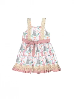 Sydney So Sweet Pastel Pink & Gray Rabbit Ruffle Lace Tank Girls Dress