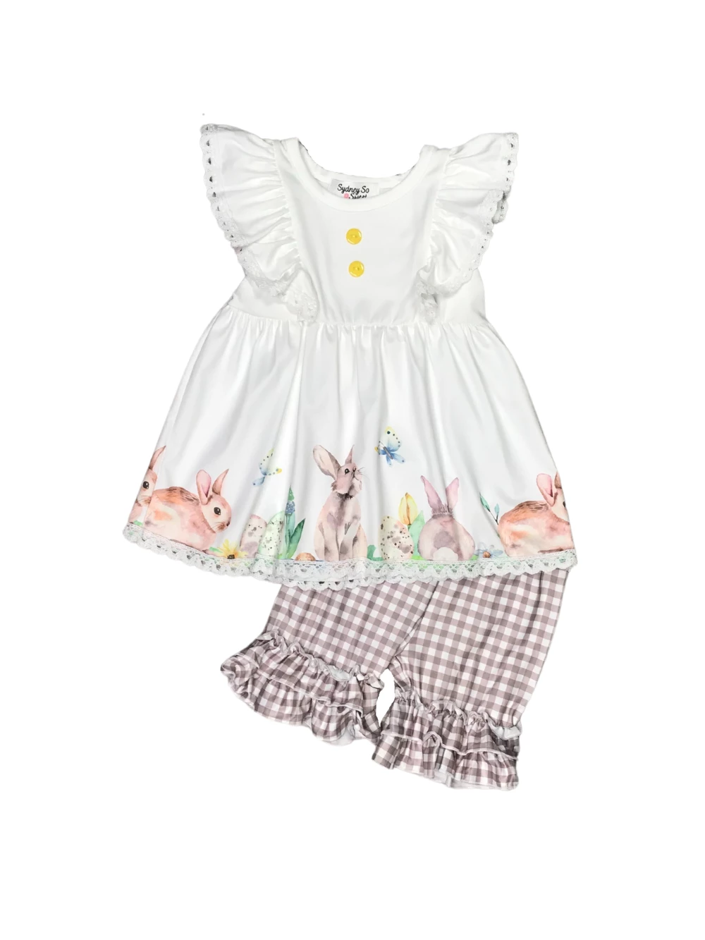Sydney So Sweet Shorts & Capri Outfits Bunny Garden & Friends Brown Gingham Ruffle Girls Easter Spring Outfit 2 Sydney So Sweet Shorts & Capri Outfits Bunny Garden & Friends Brown Gingham Ruffle Girls Easter Spring Outfit