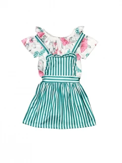 Sydney So Sweet Ballerina Bunny Teal Stripe Ruffle Girls Jumper Dress Set