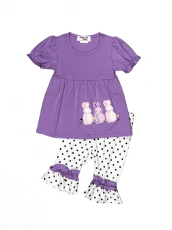 Sydney So Sweet Purple Polka Bunny Friends Ruffle Capri Girls Outfit Shorts & Capri Outfits