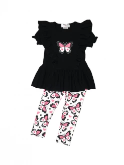 Sydney So Sweet 2 Piece Pants Outfits Beautiful Butterfly Pink & Black Ruffle Girls Outfit